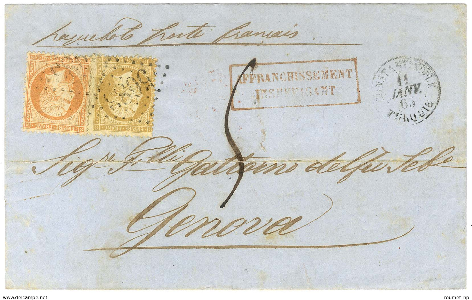 GC 5083 / N° 21 + 23 Càd CONSTANTINOPLE / TURQUIE Sur Lettre Insuffisamment Affranchie Pour Gênes Taxée 5. 1865. - TB /  - Correo Marítimo