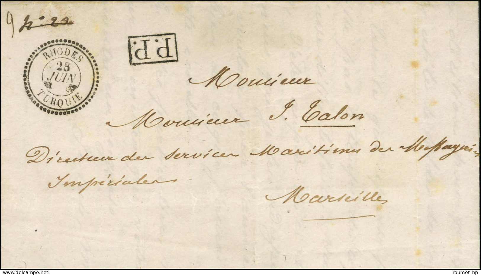 Càd T 22 RHODES / TURQUIE (dateur échoppé) + P.P. Sur Lettre Avec Texte Pour Marseille. 1857. Première Pièce Vue. - SUP. - Maritime Post