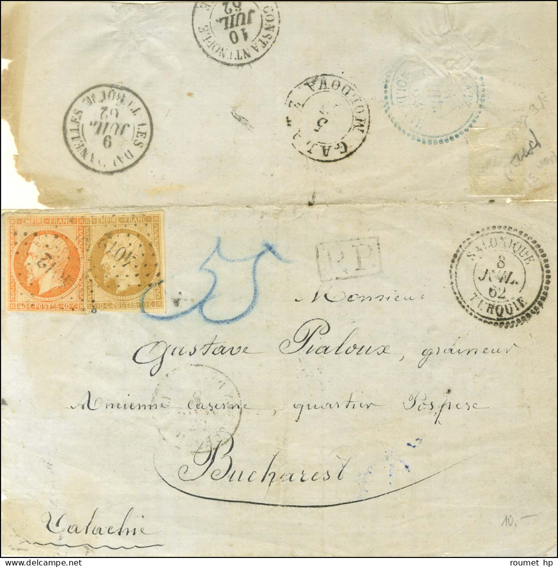 PC 4012 / N° 13 (pd) + N° 16 Càd SALONIQUE / TURQUIE 8 JUIL. 62 Sur Lettre Incomplète Pour Bucarest Valachie. Au Recto,  - Maritime Post