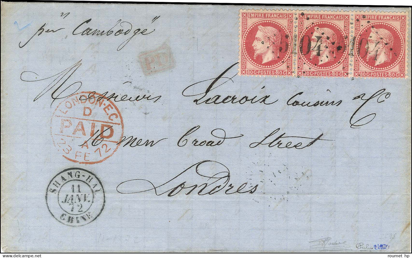 GC 5104 / N° 32 Bande De 3 Càd SHANG-HAI / CHINE Sur Lettre Pour Londres. Au Verso, Càd LIGNE N / PAQ. FR N° 4. 1872. -S - Maritime Post