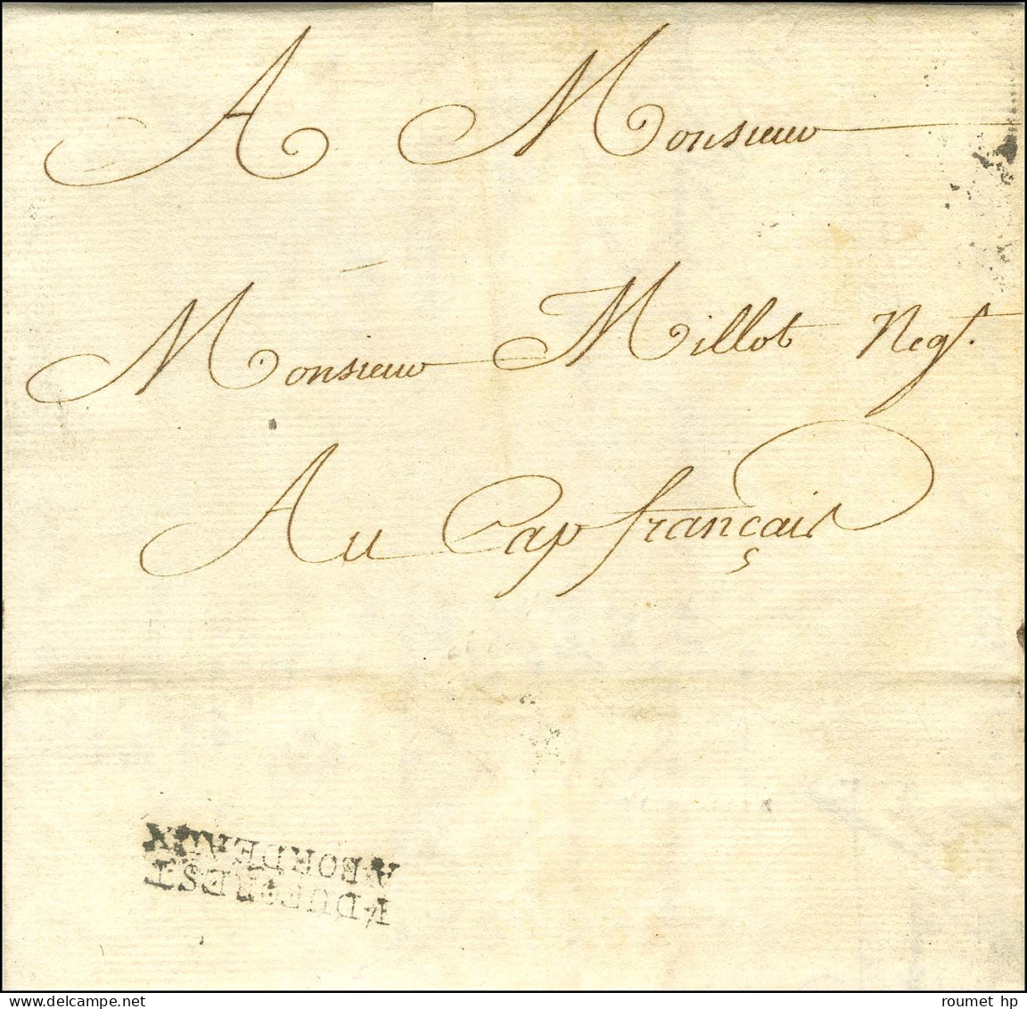 Lettre Avec Texte Daté De Bordeaux Le 16 Septembre 1753 Pour Le Cap Français. Au Verso, Rare Marque D'acheminement F. DU - Entry Postmarks