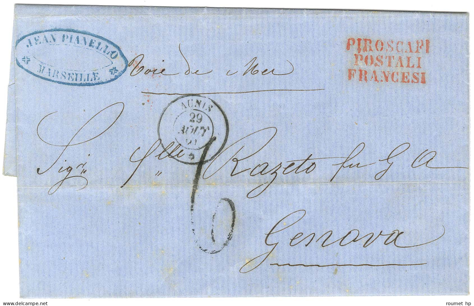 Càd AUNIS / * 29 AOUT 61 Sur Lettre De Constantinople Pour Gênes. Au Recto, Griffe Rouge PIROSCAFI / POSTALI / FRANCESI  - Maritieme Post