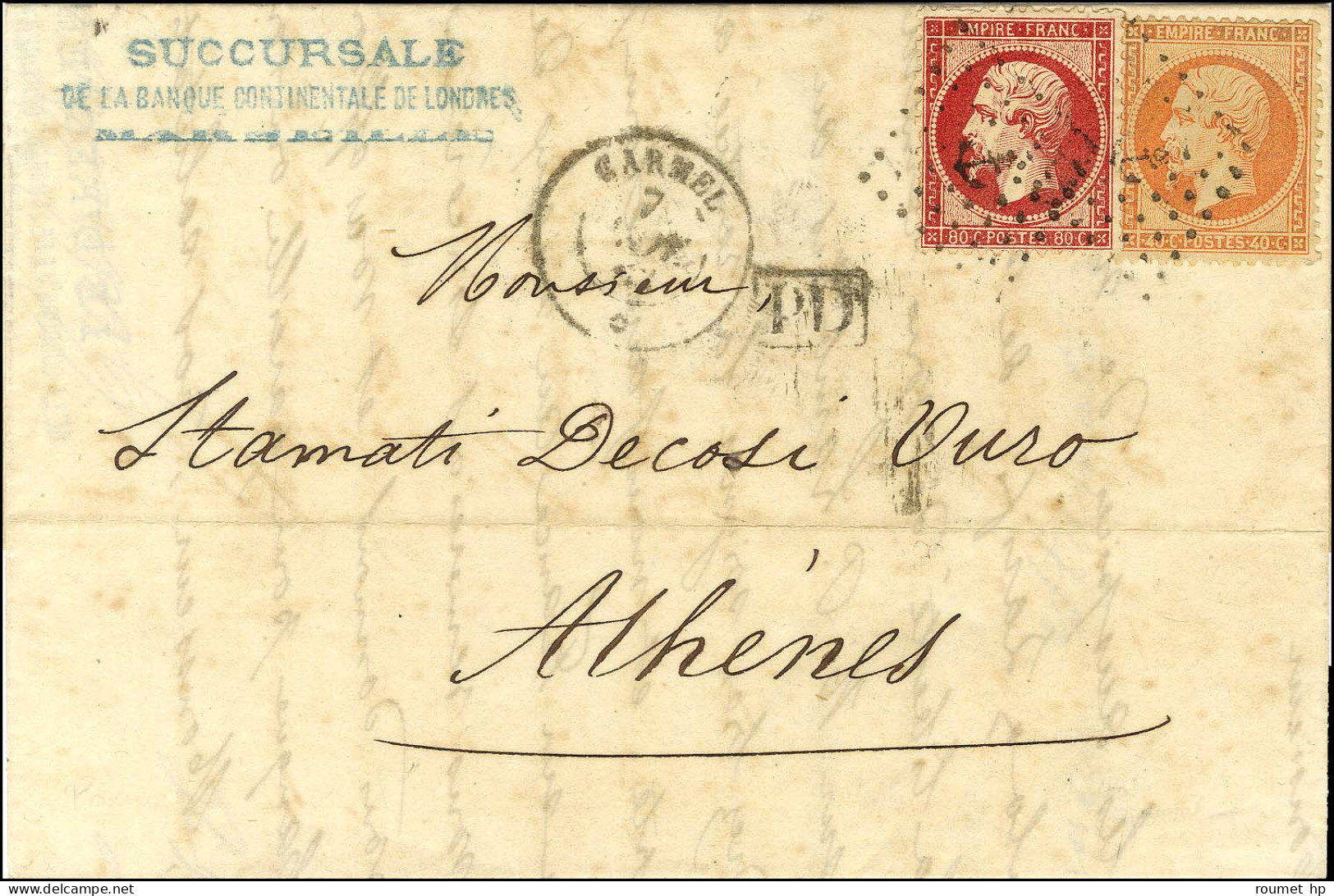 Ancre / N° 23 + 24 Càd CARMEL / * Sur Lettre Pour Athènes. 1863. - TB / SUP. - R. - Schiffspost