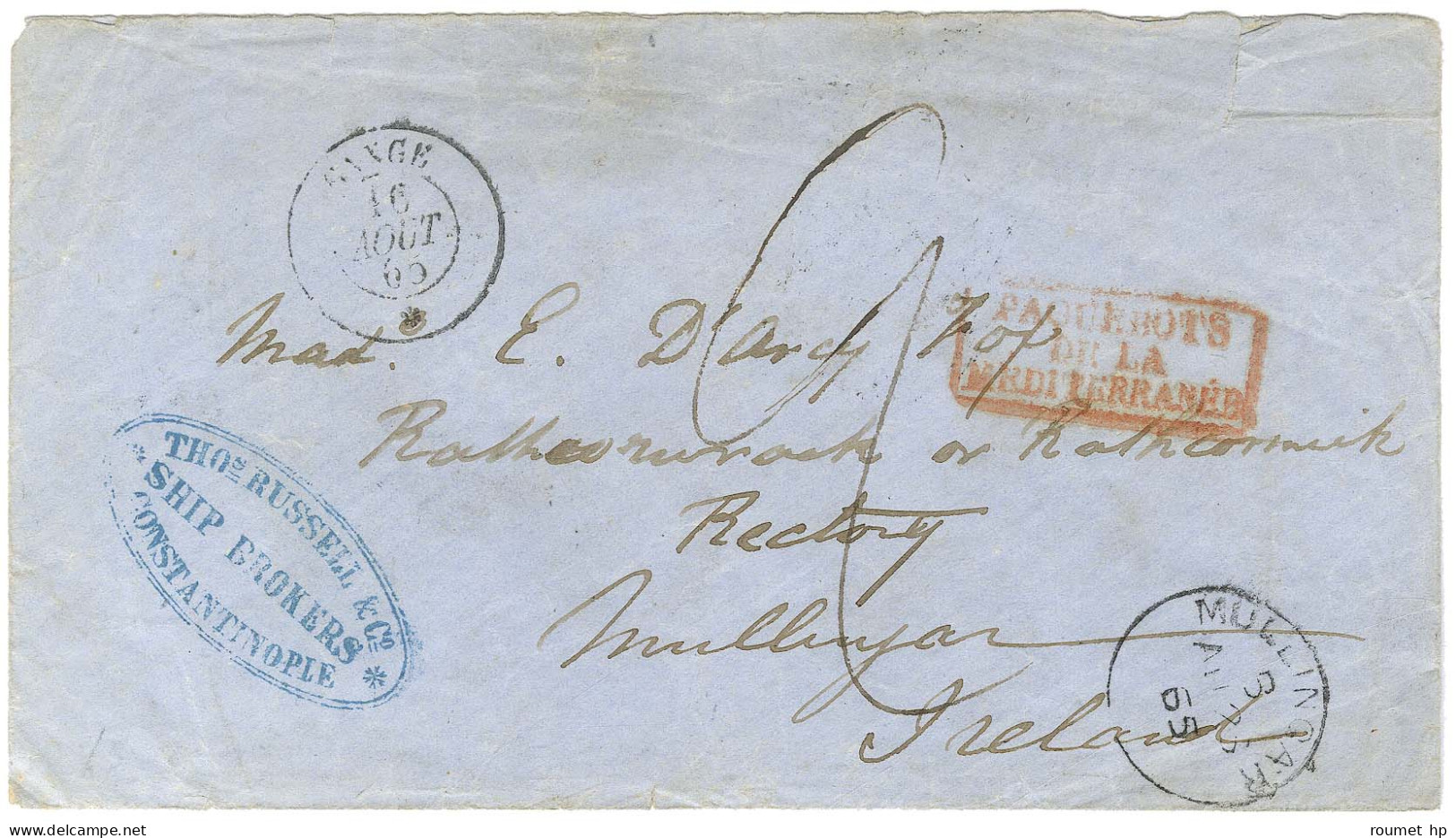 Càd GANGE / * 16 AOUT 65 Sur Lettre De Constantinople Pour Mullingar (Irlande). Au Recto, Taxe 2 Et Càd D'arrivée. - TB  - Schiffspost