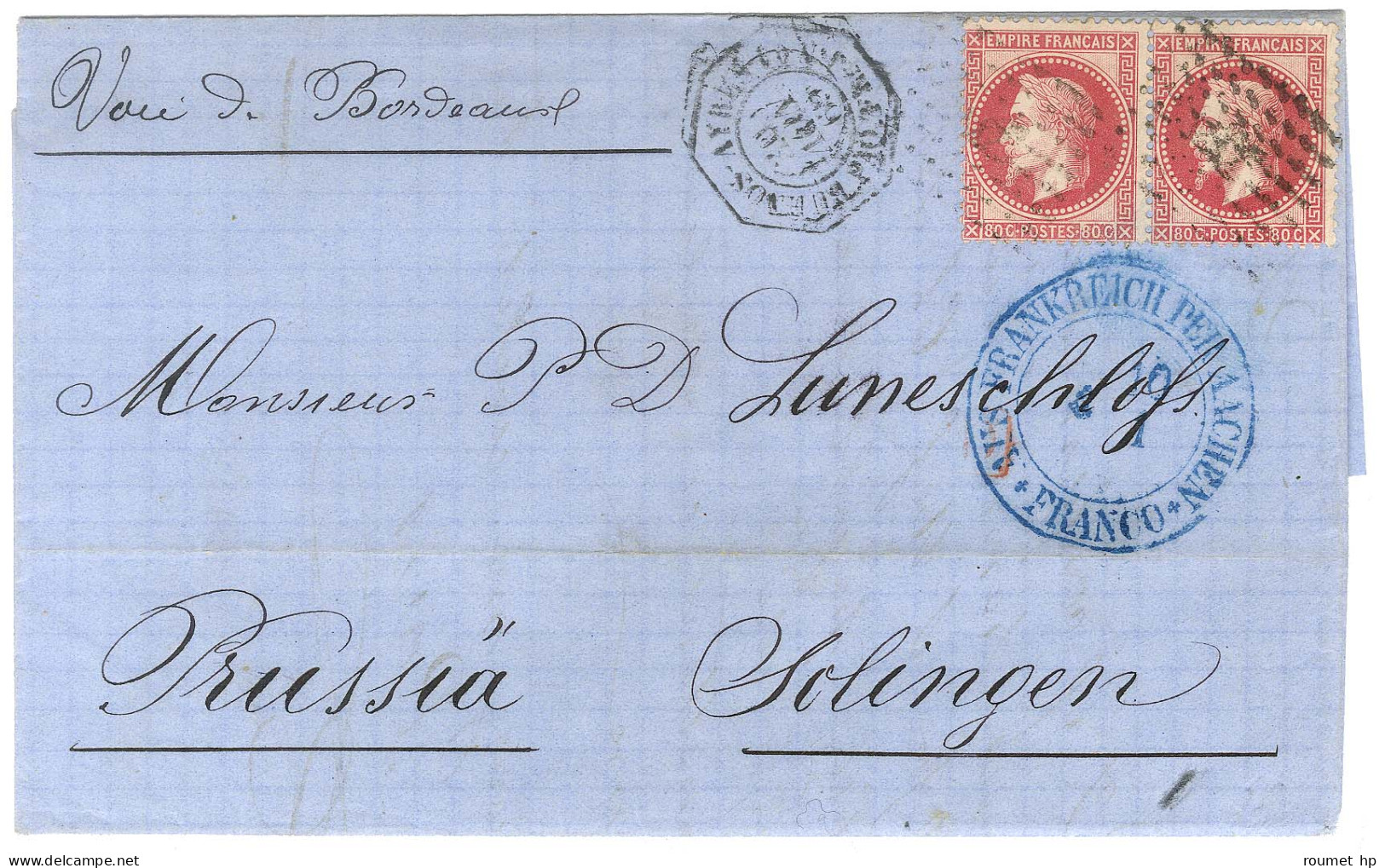 Ancre / N° 32 Paire Càd Octo BUENOS AYRES / PAQ. FR J N° 1 Sur Lettre Pour La Prusse. 1869. - TB. - Poste Maritime