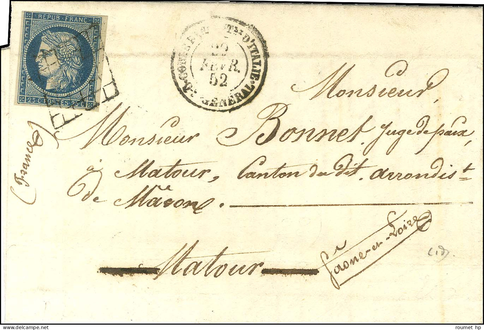 Grille / N° 4 (leg Def) Càd CORPS EXPEDITre D'ITALIE Qer GENERAL Sur Lettre Avec Texte Daté De Rome Le 29 Février 1852 P - Army Postmarks (before 1900)