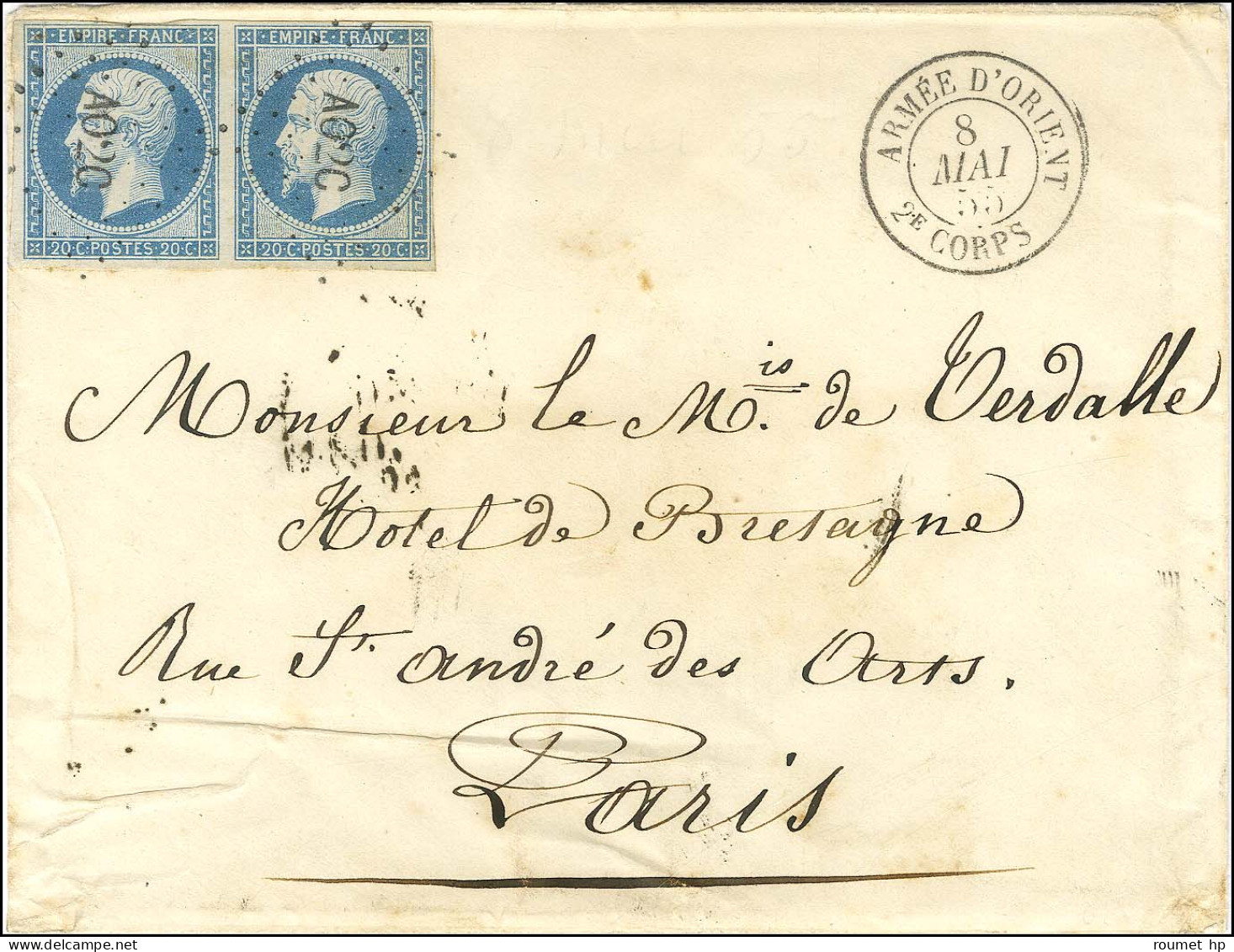 Losange AO2C / N° 14 Paire Belles Marges Càd ARMEE D'ORIENT / 2e CORPS Sur Lettre 2 Ports Pour Paris. 1855. - SUP. - R. - Armeestempel (vor 1900)