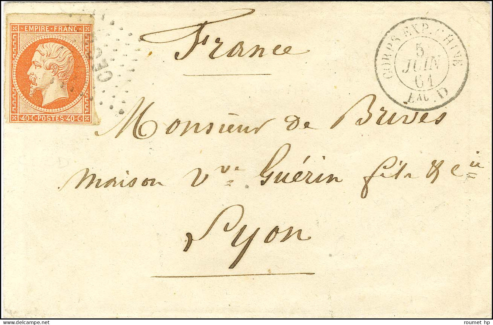 Losange CECD / N° 16 Orange Vif Càd CORPS EXP. CHINE / Bau D Sur Lettre Pour Lyon. 1861. Rarissime Usage Du Bureau D Loc - Legerstempels (voor 1900)