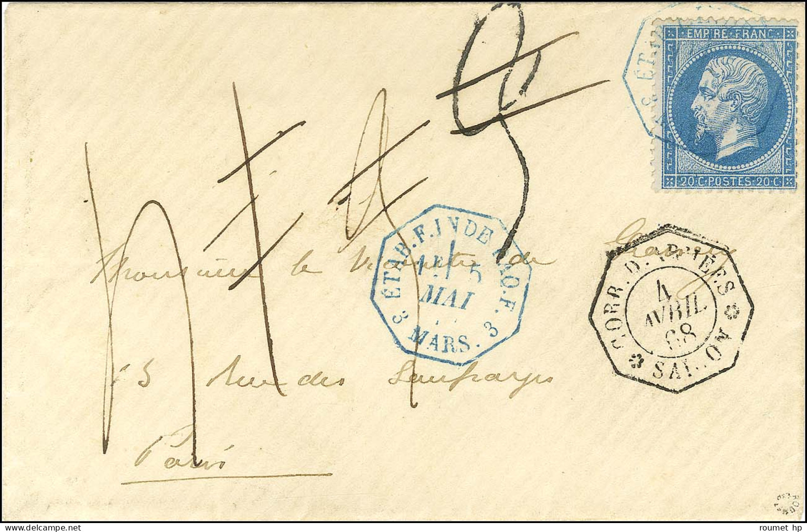 Càd D'entrée Bleu 3 ETAB. F. INDE PAQ. F. 3 / MARS / N° 22 Sur Lettre En Correspondance D'armée De Saïgon Adressée à Par - Sellos De La Armada (antes De 1900)
