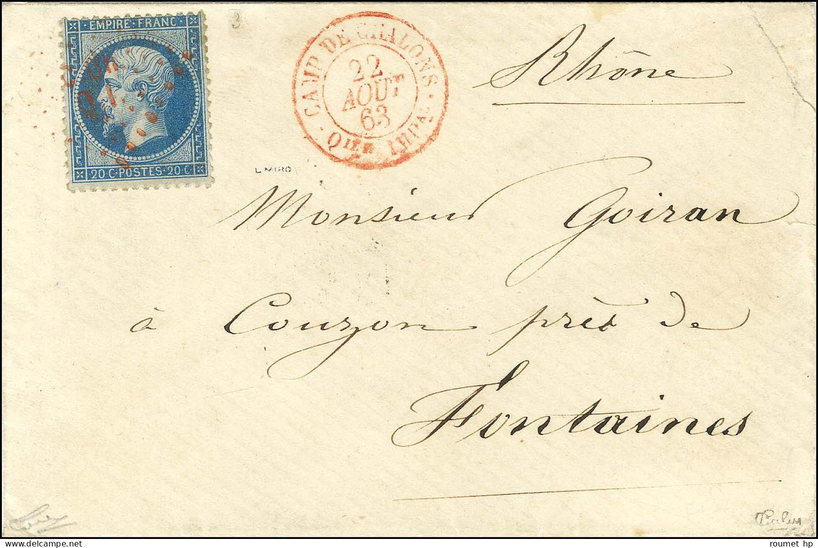 Losange Rouge C.CH / QI / N° 22 Càd Rouge CAMP DE CHALONS / Qier IMPal 22 AOUT 63 Sur Lettre Pour Fontaines. - TB / SUP. - Army Postmarks (before 1900)