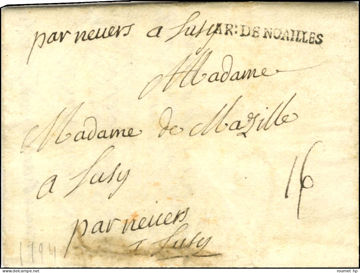 AR:DE NOAILLES (N°SP4) Sur Lettre Avec Texte Daté Le 21 Juin 1734 Pour Suly. Exceptionnelle Frappe. - SUP. - RR. - Marques D'armée (avant 1900)