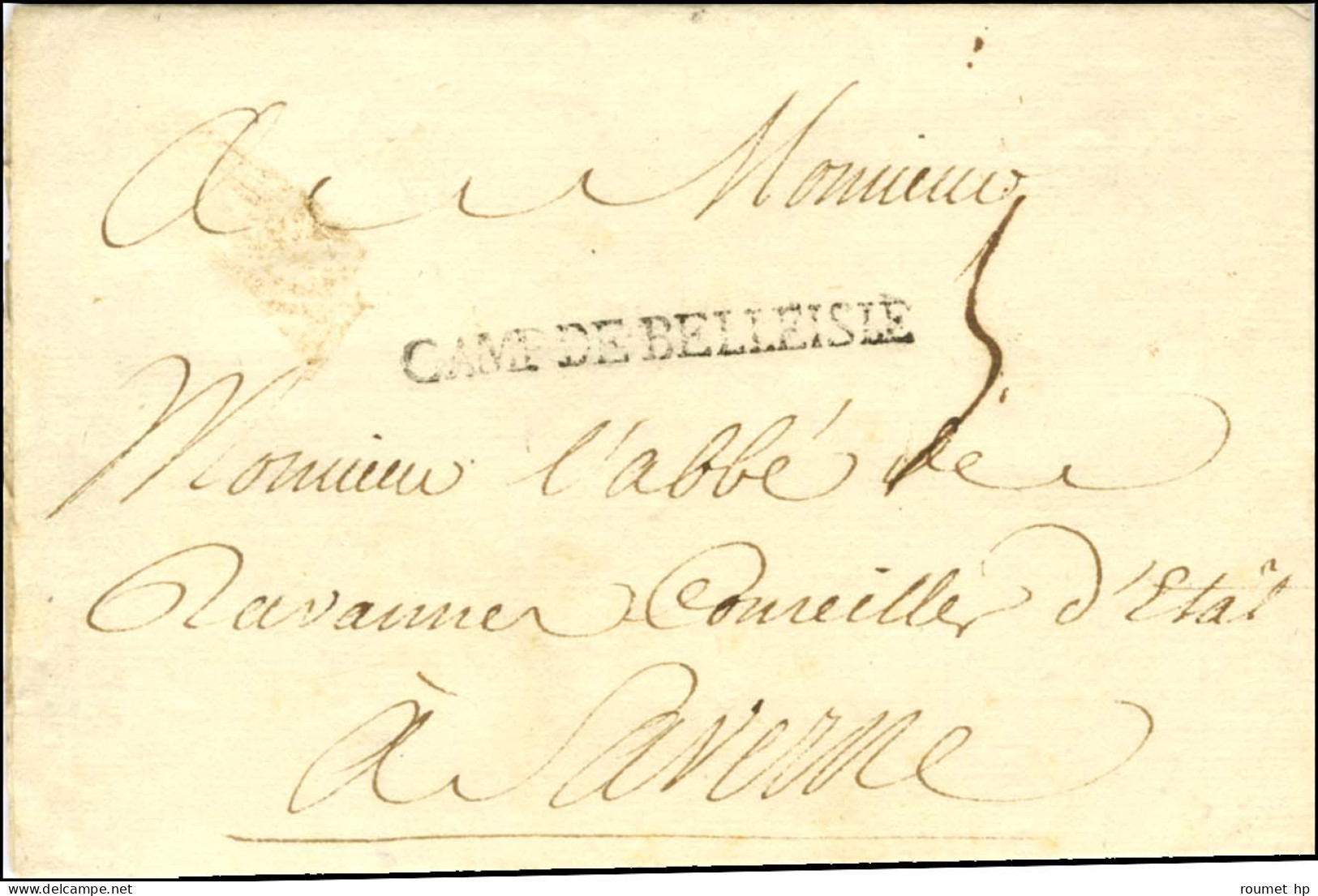 CAMP DE BELLEISLE (4 Au 28 Juin 1735, N°SP8) Sur Lettre Sans Texte Avec Une Mention Manuscrite Au Verso, '' Répondu Le 1 - Legerstempels (voor 1900)