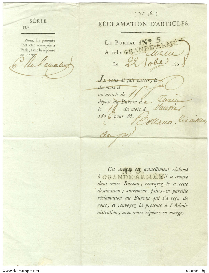 N° 5 / GRANDE ARMEE Sur Un Document De La Poste Concernant La Réclamation D'articles, Daté Du 22 Octobre 1808. - SUP. -  - Legerstempels (voor 1900)