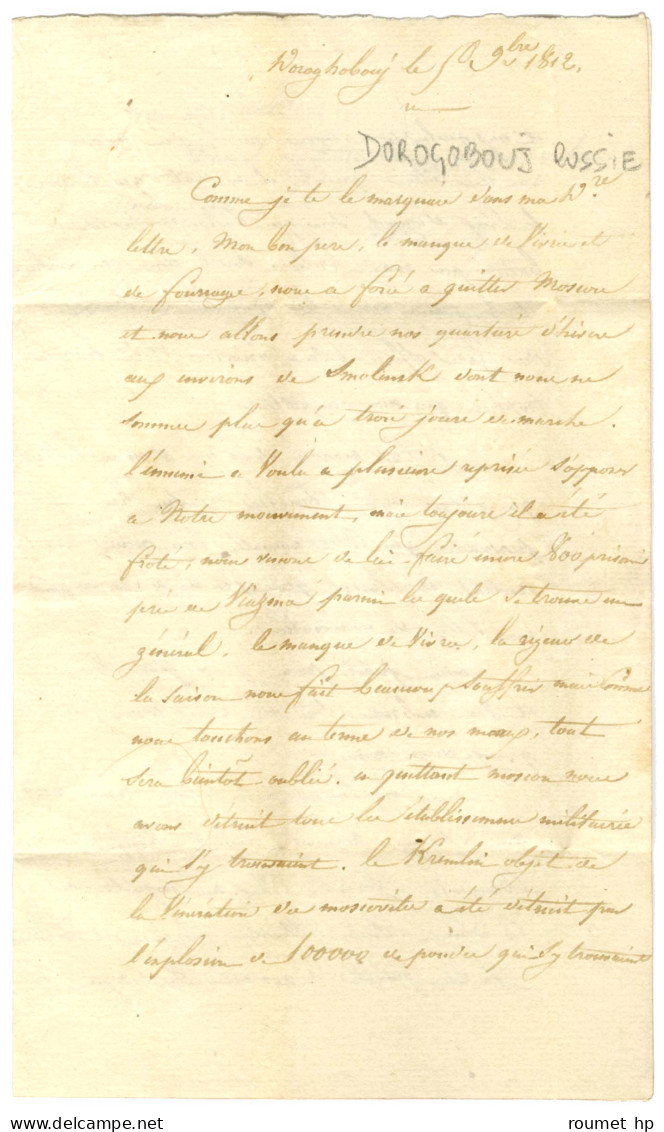 N° 15 / GRANDE ARMEE Rouge Sur Lettre Avec Superbe Texte Daté De Dorogobouj Le 5 Novembre 1812. Au Verso, Griffe De Fran - Marques D'armée (avant 1900)