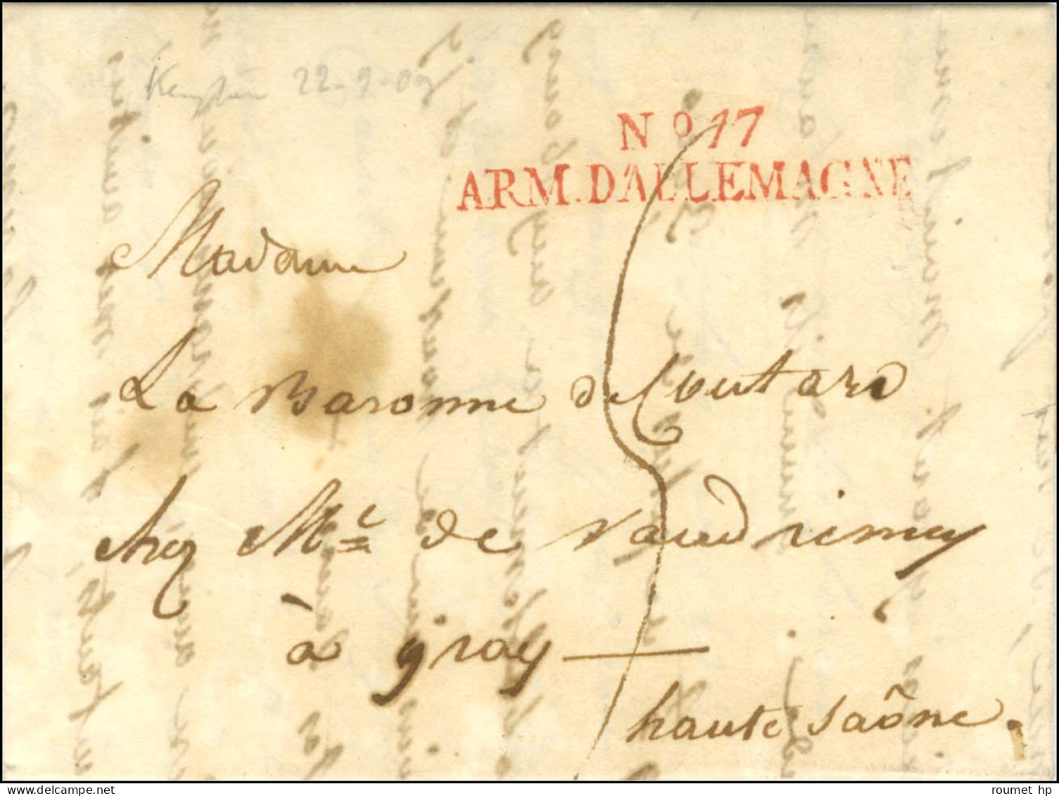 N° 17 / ARM. D'ALLEMAGNE Rouge Sur Lettre Avec Texte Daté De Krempten Le 22 Septembre 1809 Pour Gray. - SUP. - R. - Legerstempels (voor 1900)