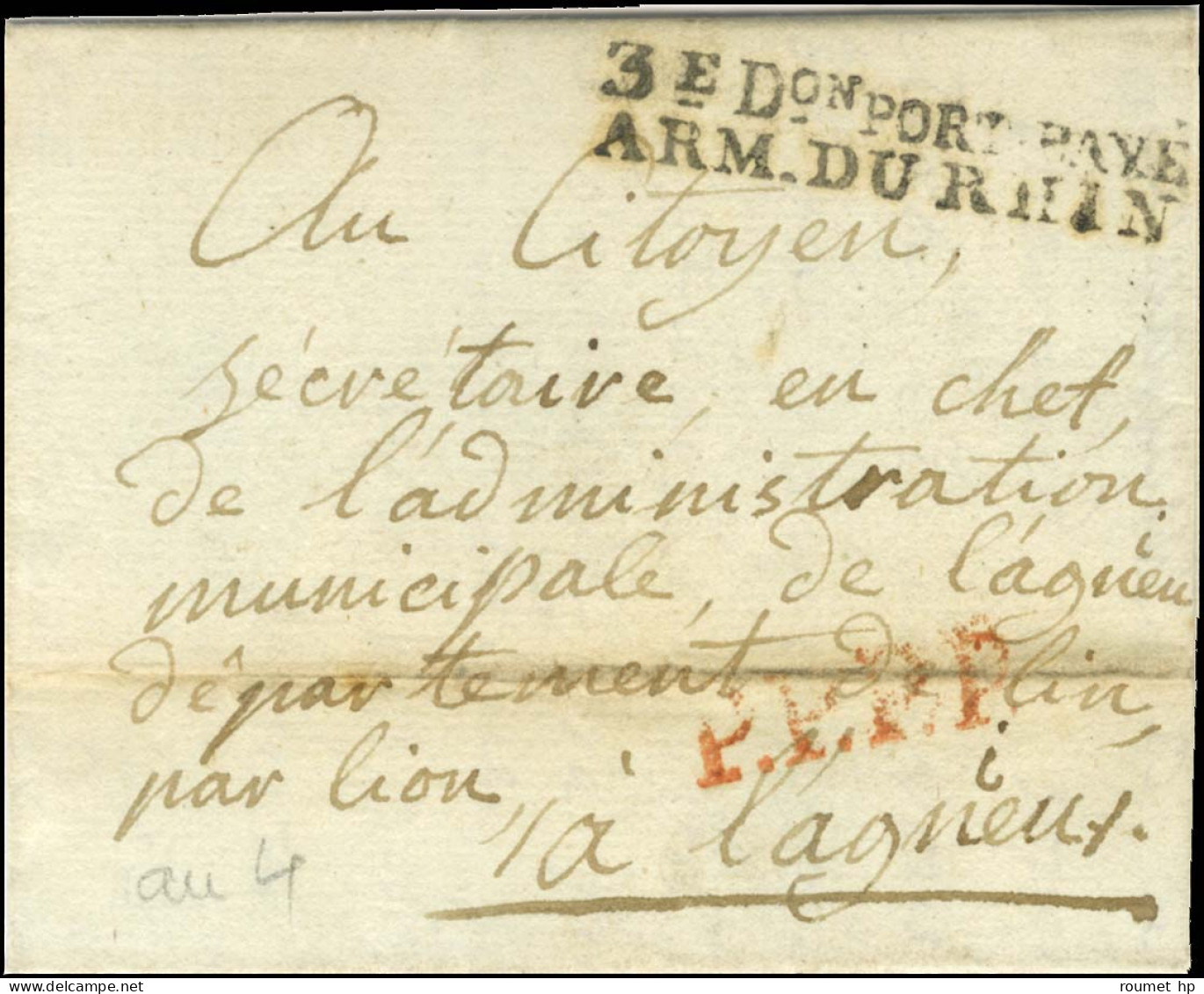 3e Don PORT PAYE / ARM. DU RHIN Sur Lettre Avec Texte Daté De Mayence Le 27 Nivose An 8 Pour Lagnieu. - SUP. - R. - Armeestempel (vor 1900)