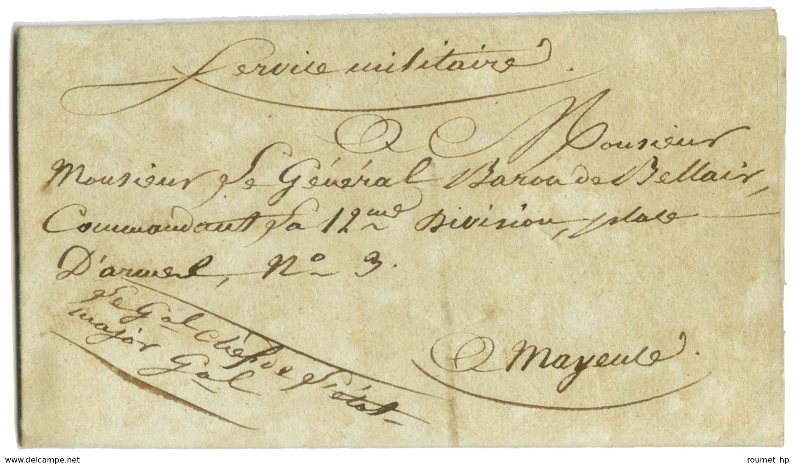 Contreseing De Franchise Manuscrit '' Le Gal Chef / Major Gal '' Sur Lettre Datée Au Quartier Général De Mayence Le 30 N - Army Postmarks (before 1900)