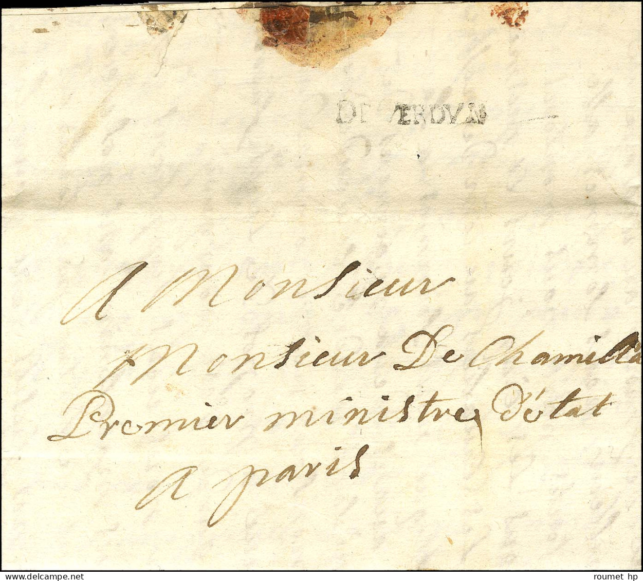 DE VERDVN (L N° 10, 27 X 3) Au Verso D'une Lettre Pour Marquer La Franchise, Datée De Verdun Le 29 Mars 1708 Pour Monsie - Civil Frank Covers