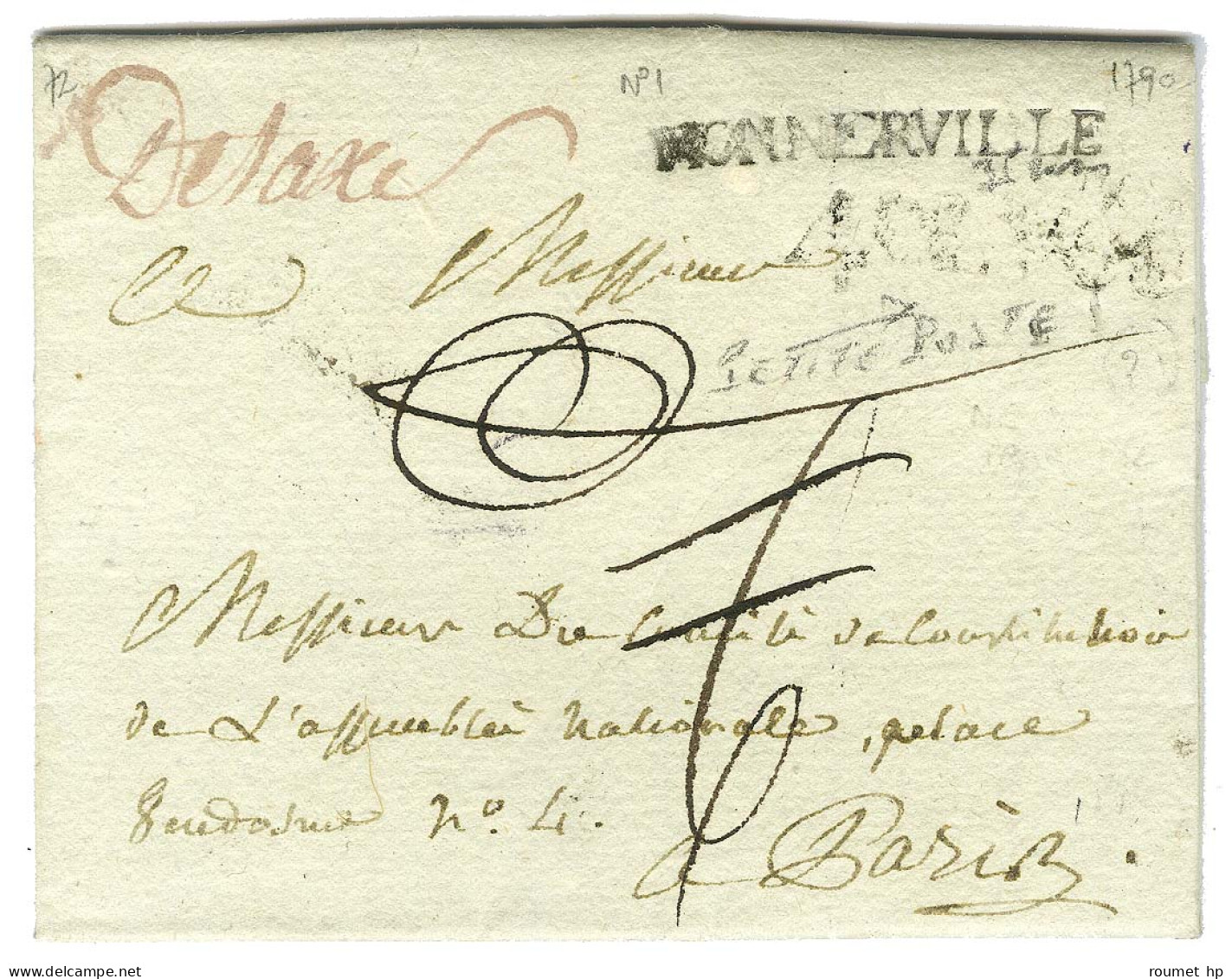 MONNERVILLE Sur Lettre Avec Texte Daté Du 9 Mai 1790 Pour Paris. Taxe 6 Annulée Et Mention Manuscrite '' Détaxe ''. - TB - Frankobriefe