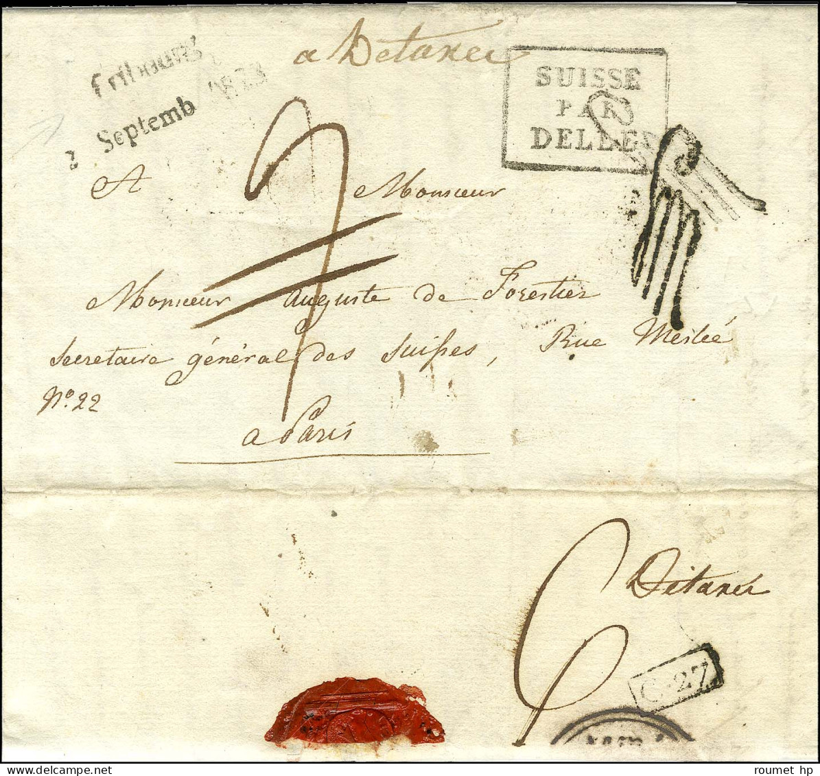 FRIBOURG / 20 SEPTEMBRE 1823 Sur Lettre Avec Texte Daté D'Ubersdorff Pour Paris. Au Recto, Taxe Annulée Plume Et Remplac - Cartas Civiles En Franquicia