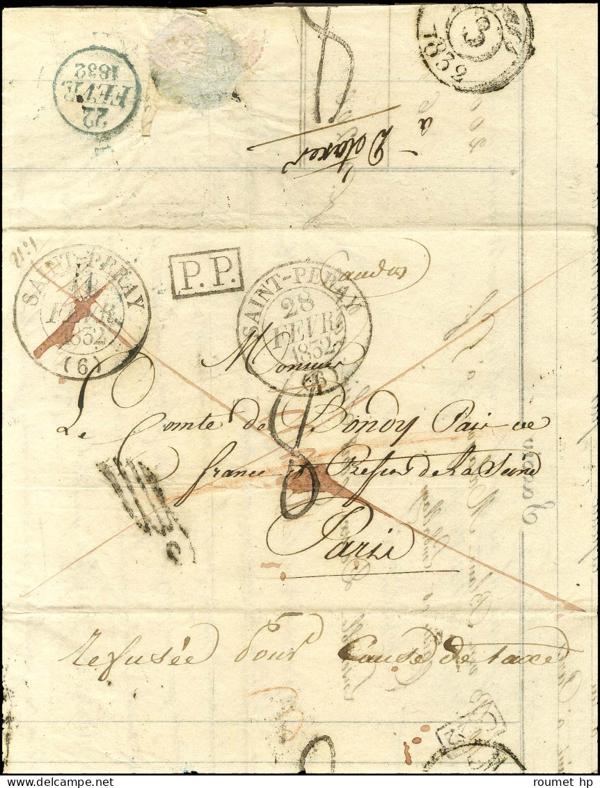 Càd T 13 SAINT PERAY (6) 18 FEVR. 1832 Taxe Tampon 8 Sur Lettre Avec Texte Adressée à Paris. Cette Dernière Est Refusée  - Cartas Civiles En Franquicia