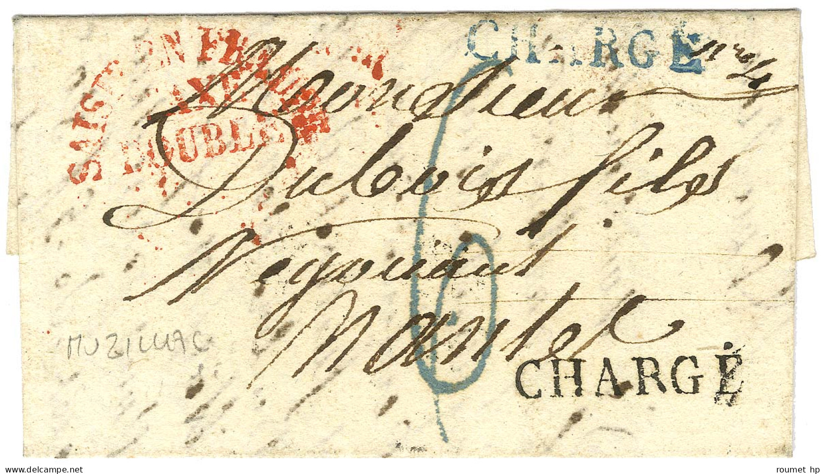 Lettre Avec Texte Daté De Muzillac Le 8 Octobre 1834 Pour Nantes. Au Recto, Griffe Noire Et Bleue CHARGE, Taxe 6 Et Marq - Lettres Civiles En Franchise