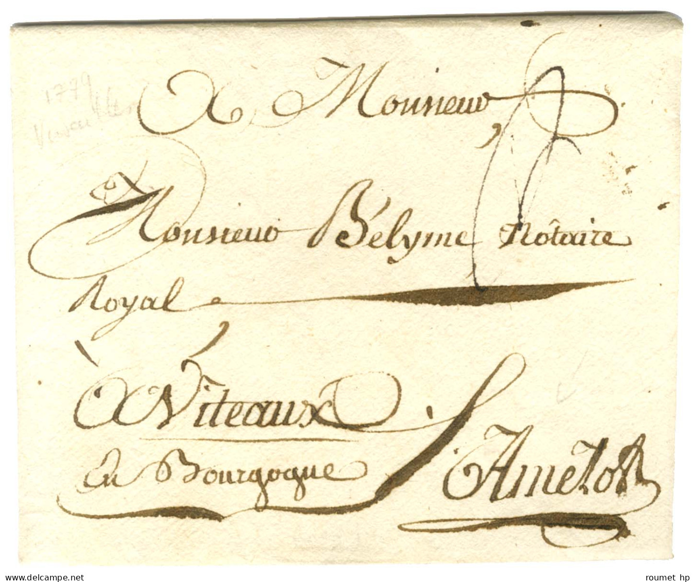 Contreseing De Franchise Manuscrit '' Amelot '' Sur Enveloppe Avec Texte Daté De Versailles Le 26 Août 1779 Pour Viteaux - Frankobriefe