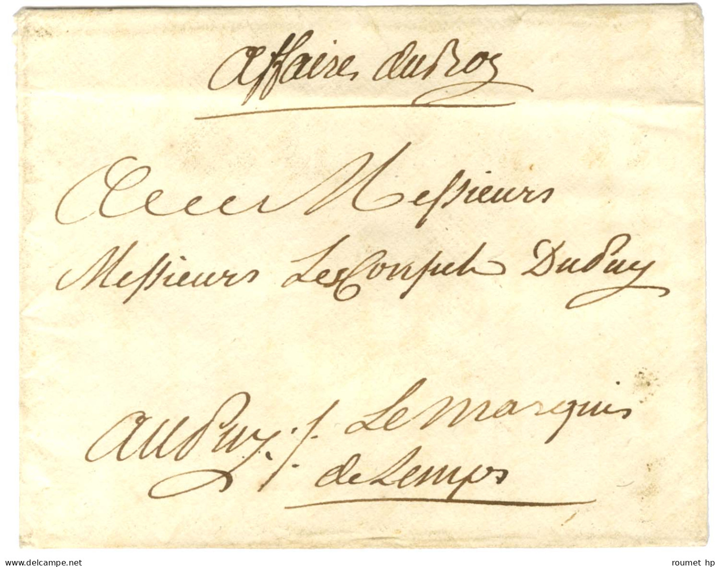 Contreseing De Franchise Manuscrit '' Le Marquis De Lemps '' Sur Enveloppe Sans Texte Pour Le Puy. Au Recto, Mention Man - Burgerlijke Brieven Zonder Portkosten