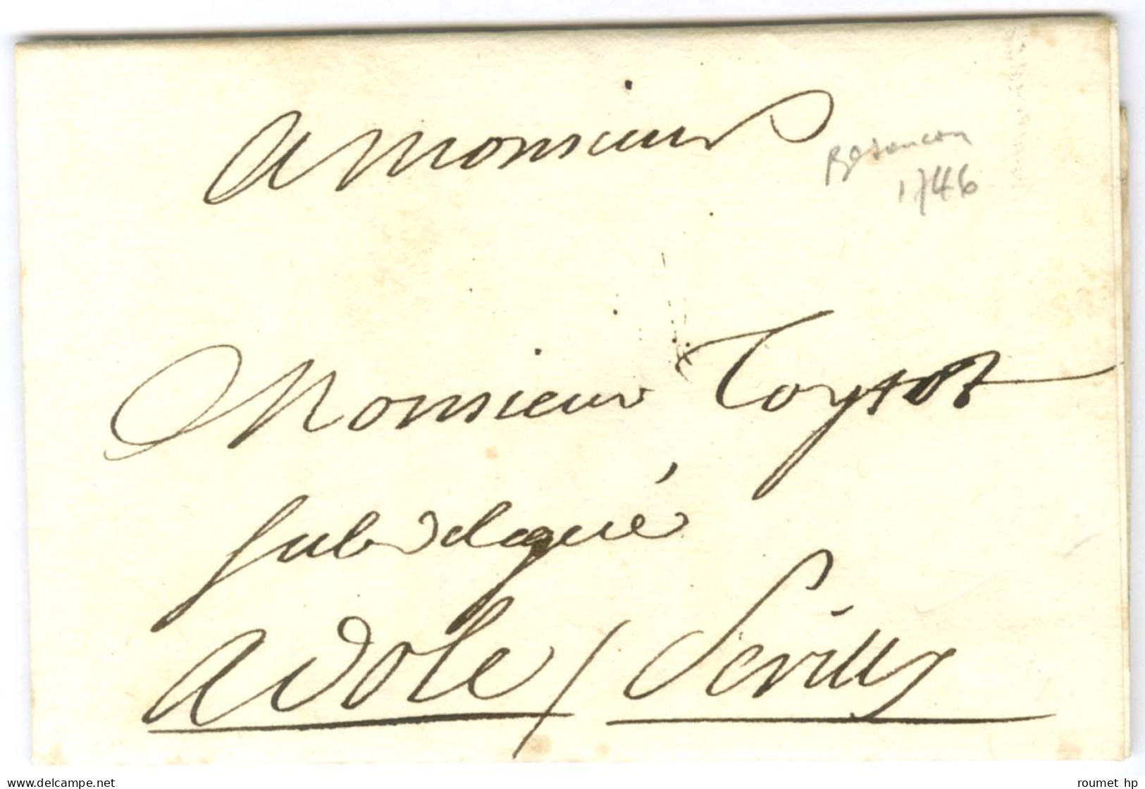 Contreseing De Franchise Manuscrit '' Serilly '' Sur Lettre Avec Texte Daté De Besançon Le 11 Juillet 1746 Pour Dole. -  - Cartas Civiles En Franquicia