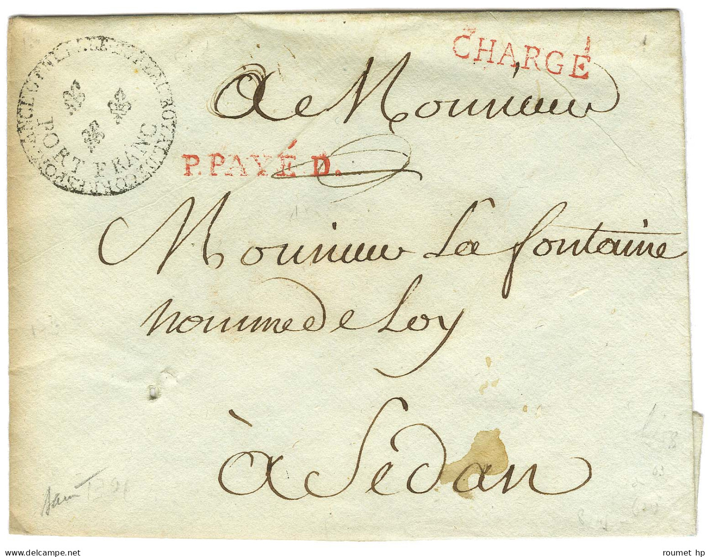 Marque Ornée Fleur De Lys BUREAU ROYAL DE CORRESPONDANCE GENERALE / PORT FRANC Sur Enveloppe Chargée Datée Du 12 Septemb - Cartas Civiles En Franquicia