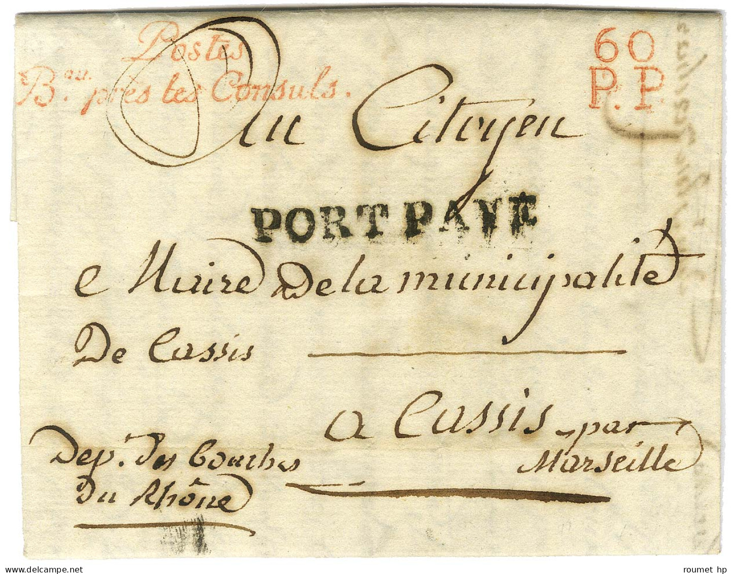 Postes / Bau Près Les Consuls + 60 / P.P. Rouge Sur Lettre Avec Texte Daté De Paris Le 29 Brumaire An 11. - TB / SUP. - Cartas Civiles En Franquicia