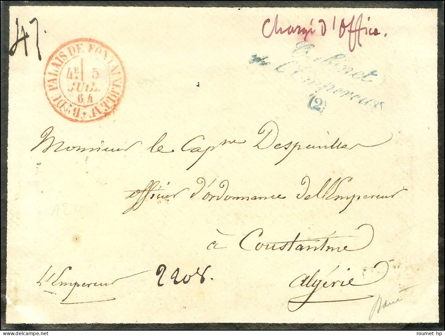 Càd Rouge Bau DU PALAIS DE FONTAINEBLEAU 5 JUIL. 64 Sur Lettre Chargée D'office Pour Constantine (Algérie). Au Recto, Co - Burgerlijke Brieven Zonder Portkosten