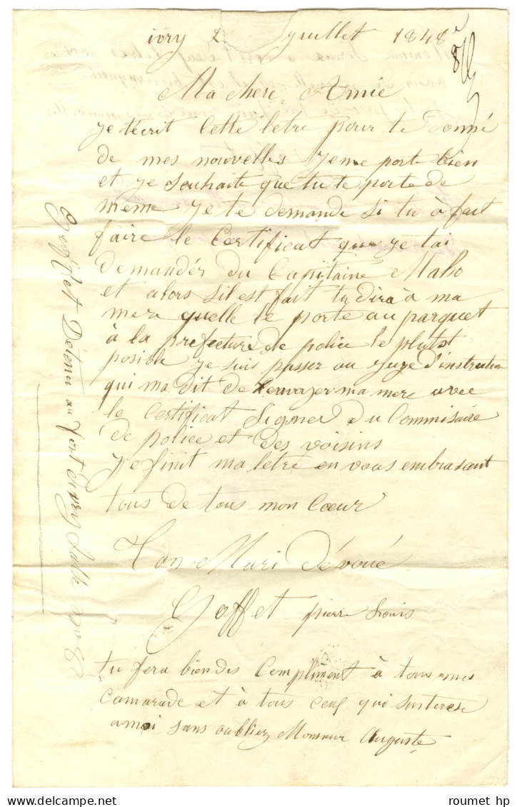 Lettre Avec Texte D'un Prisonnier Au Fort D'Ivry Daté Du 13 Juillet 1848 Pour Paris. - TB. - 1801-1848: Precursors XIX