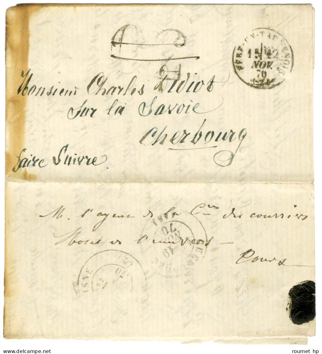 Càd T 16 FERE-EN-TARDENOIS (2) 12 NOV. 70 Taxe 30 DT Annulée Plume Sur Lettre Adressée '' Sur La Savoie '' à Cherbourg.  - 1801-1848: Precursors XIX