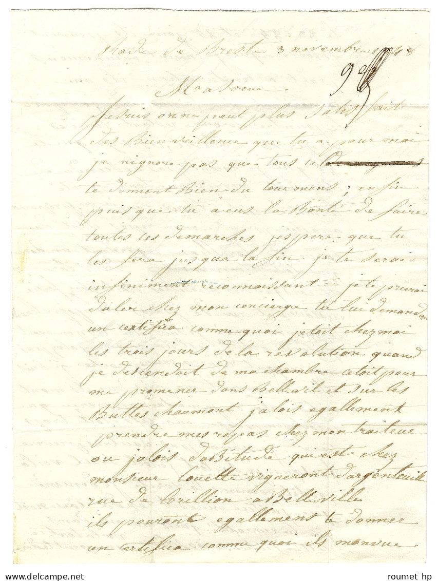 Lettre Avec Texte D'un Prisonnier En Rade De Brest Le 3 Novembre 1848 Pour Paris. Au Verso, Cachet Bleu POUVOIR EXECUTIF - 1801-1848: Vorläufer XIX