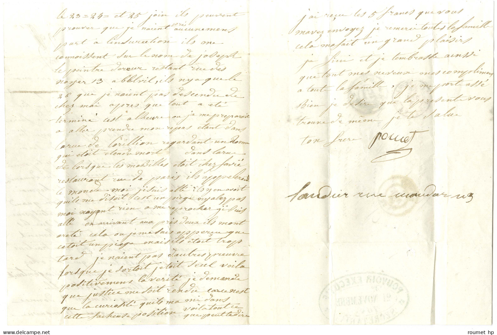 Lettre Avec Texte D'un Prisonnier En Rade De Brest Le 3 Novembre 1848 Pour Paris. Au Verso, Cachet Bleu POUVOIR EXECUTIF - 1801-1848: Precursores XIX