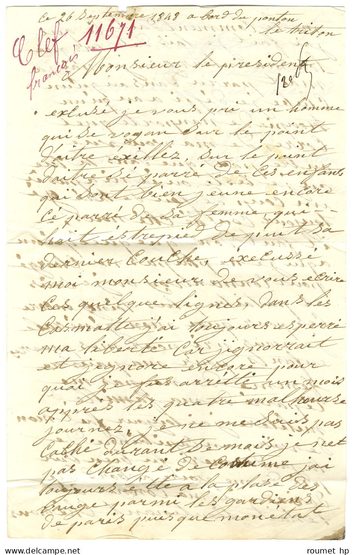 Lettre Avec Texte D'un Prisonnier Sur Le Ponton '' Le Triton '' En Rade De Cherbourg Daté Du 26 Septembre 1848 Adressée  - 1801-1848: Precursors XIX