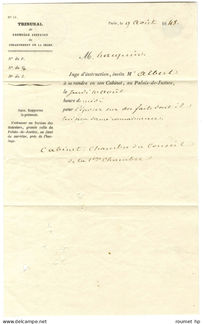 Cachet TRIBUNAL DE PARIS / JUGE D'INSTRUCTION Au Verso D'une Lettre Avec Texte Daté De Paris Le 9 Août 1848 Pour Paris.  - 1801-1848: Vorläufer XIX