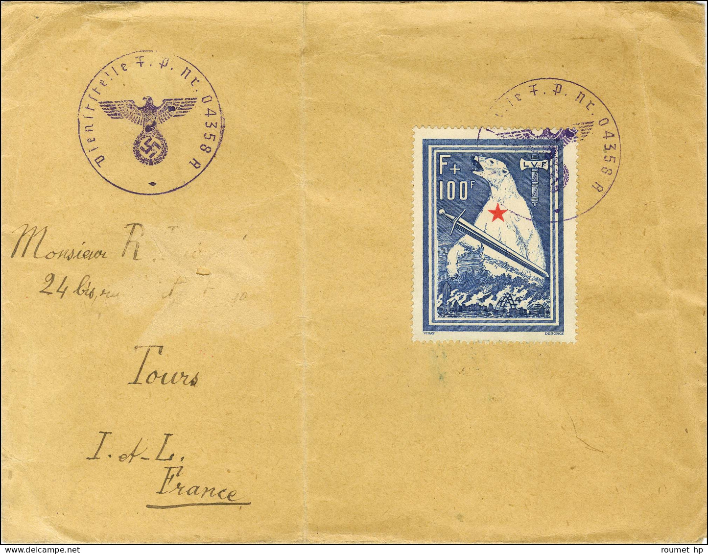 Timbre Du Bloc De L'Ours Sur Lettre Voyagée Du Secteur Postal 04358R (front Russe) à Tours. Au Recto, 2 Cachets Violets  - Autres & Non Classés