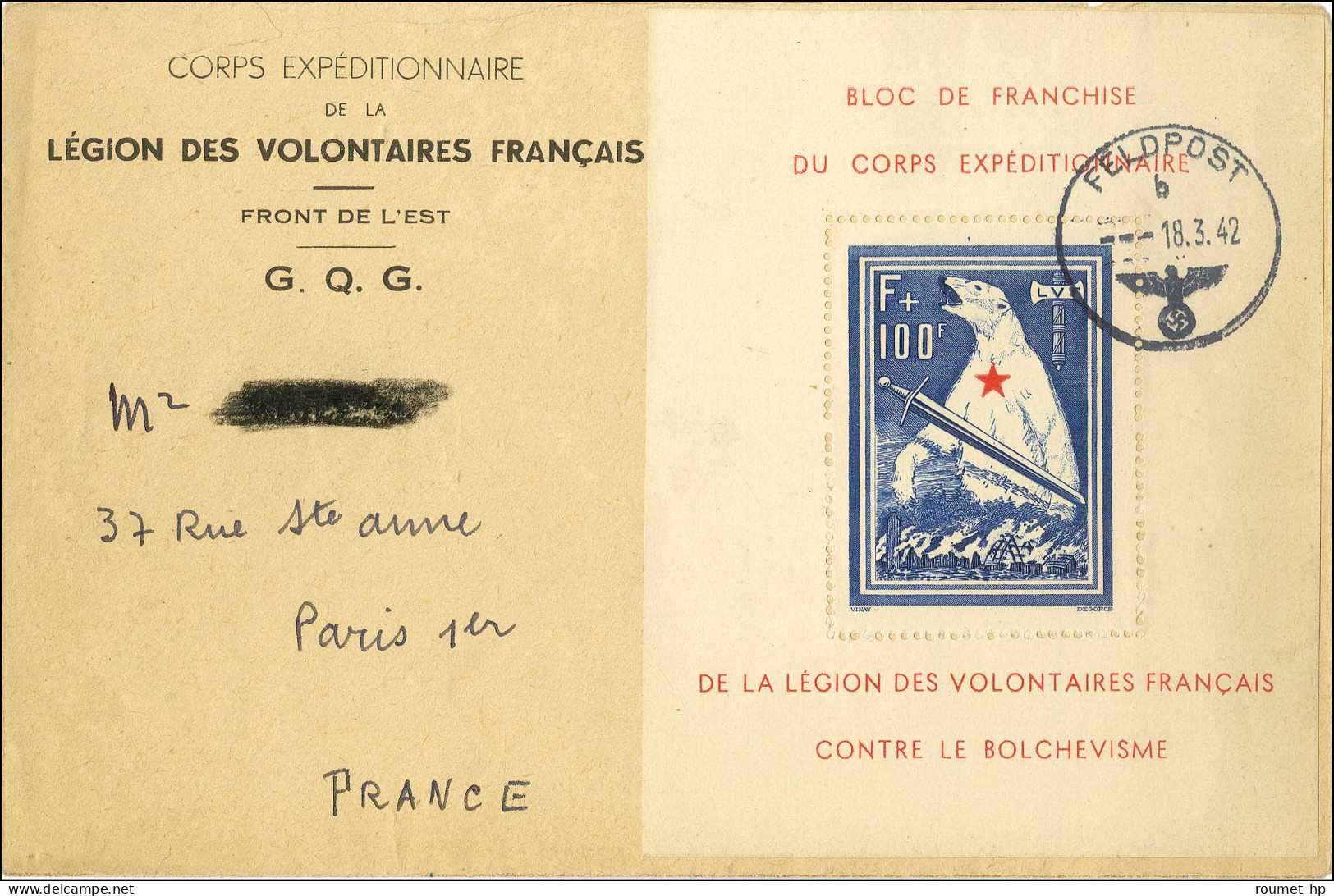 Bloc De L'Ours Obl Càd FELDPOST 18.3.42 Sur Lettre Ayant Réellement Circulé Pour Paris Avec En-tête CORPS EXPEDITIONNAIR - Otros & Sin Clasificación