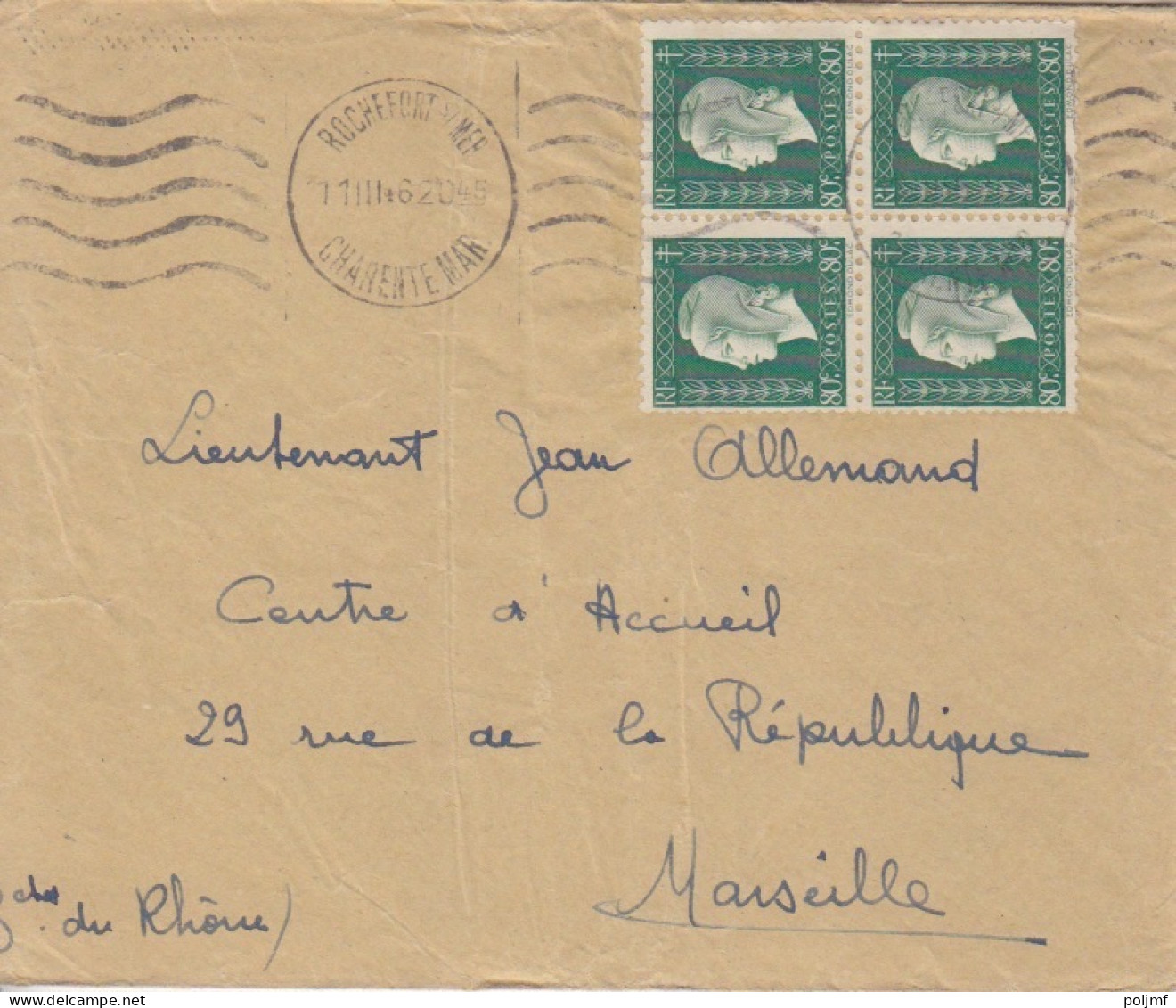 Lettre Obl. Krag Rochefort/Mer Le 11 III 46 Sur 80c Dulac N° 688 X 4 (tarif Du 1/1/46) Pour Marseille - 1944-45 Marianne (Dulac)