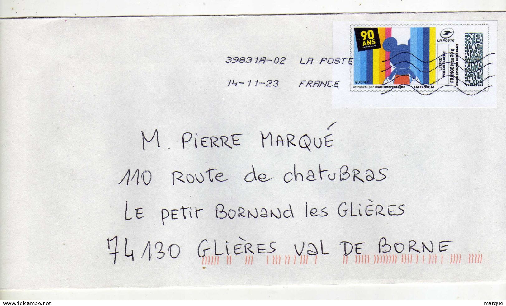 Enveloppe FRANCE Avec Vignette Affranchissement Lettre Prioritaire Oblitération LA POSTE 39831A-02 14/11/2023 - 2010-... Viñetas De Franqueo Illustradas