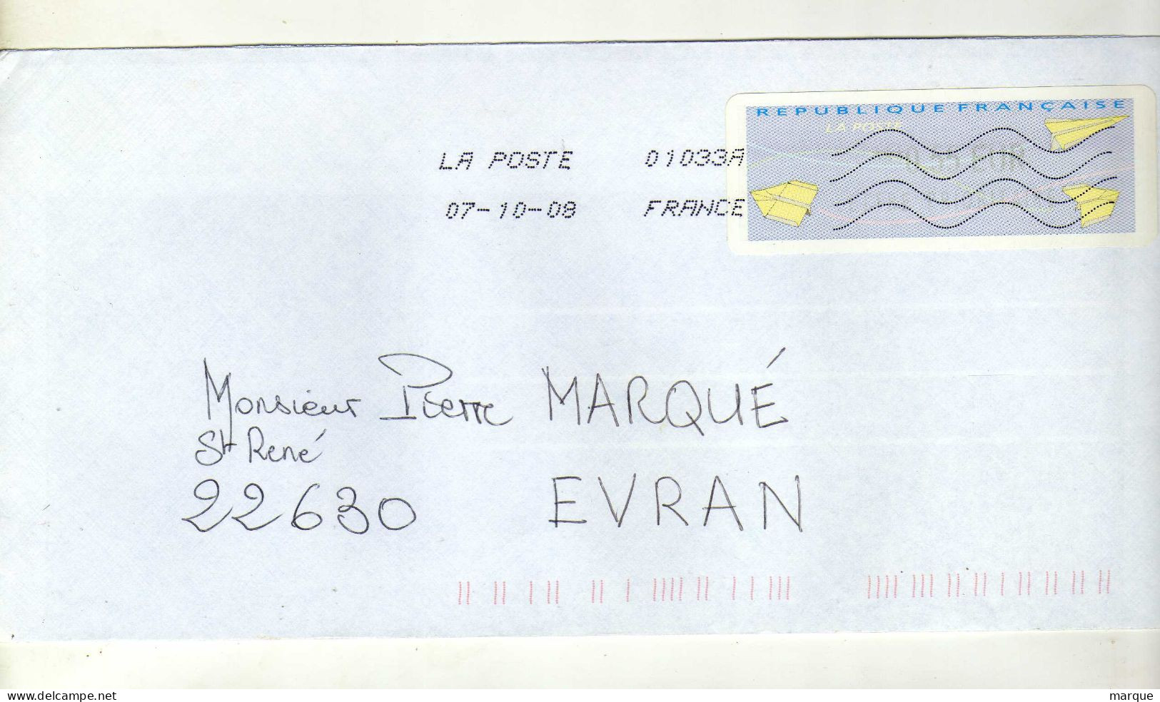 Enveloppe FRANCE Avec Vignette Affranchissement Oblitération LA POSTE 01033A 07/10/2008 - 2000 Type « Avions En Papier »