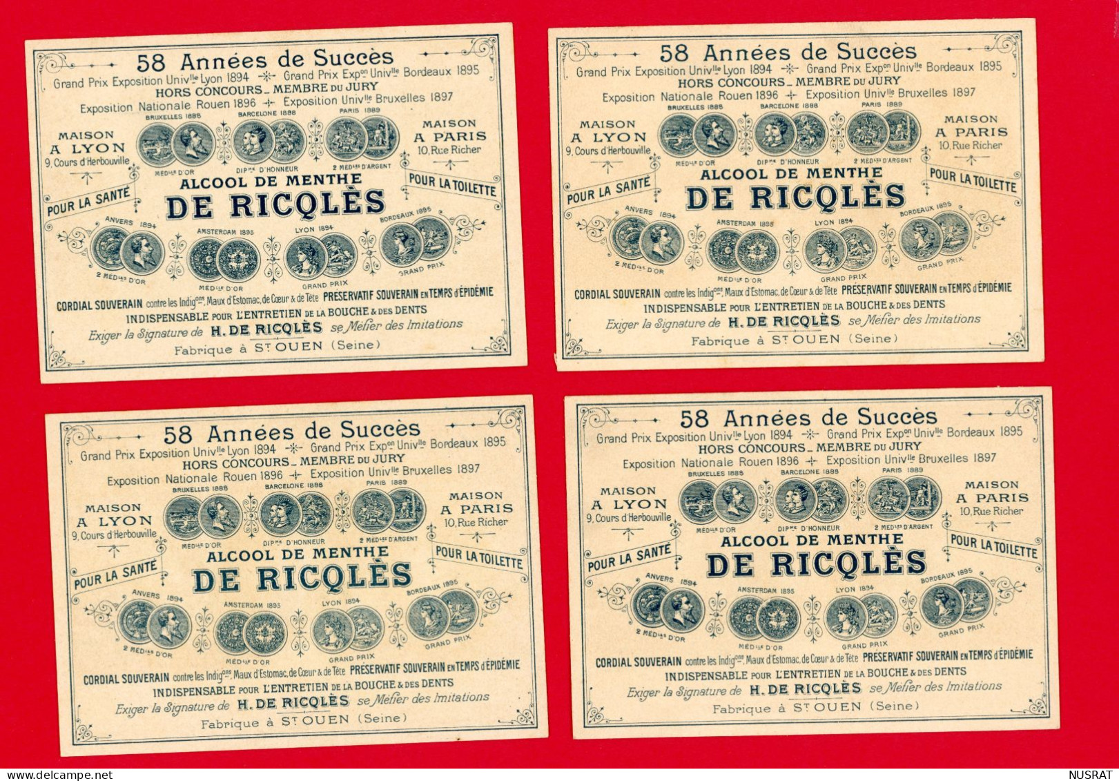 Alcool De Menthe RICQLES, Lot De 4 Chromos Lith. Vieillemard  BV33-10, Voir Scans Pour Détail - Other & Unclassified