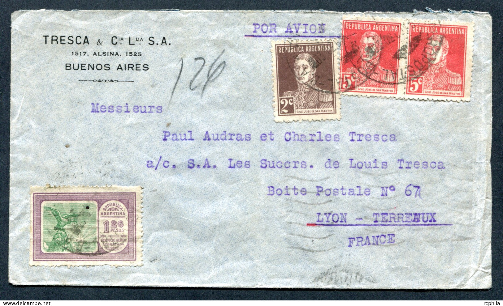 RC 26713 ARGENTINE 1930 LETTRE DE BUENOS AIRES PAR AVION POUR LA FRANCE MARSEILLE GARE AU VERSO - Brieven En Documenten