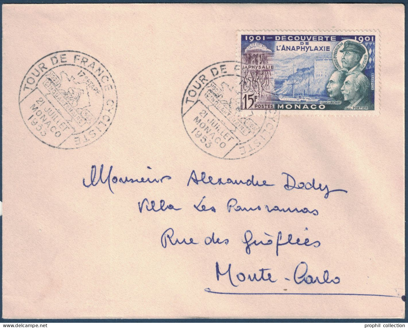 OBLITERATION CACHET COMMÉMORATIF " TOUR DE FRANCE CYCLISTE / CINQUANTENAIRE " MONACO 1953 Sur LETTRE ANAPHYLAXIE - Cartas & Documentos