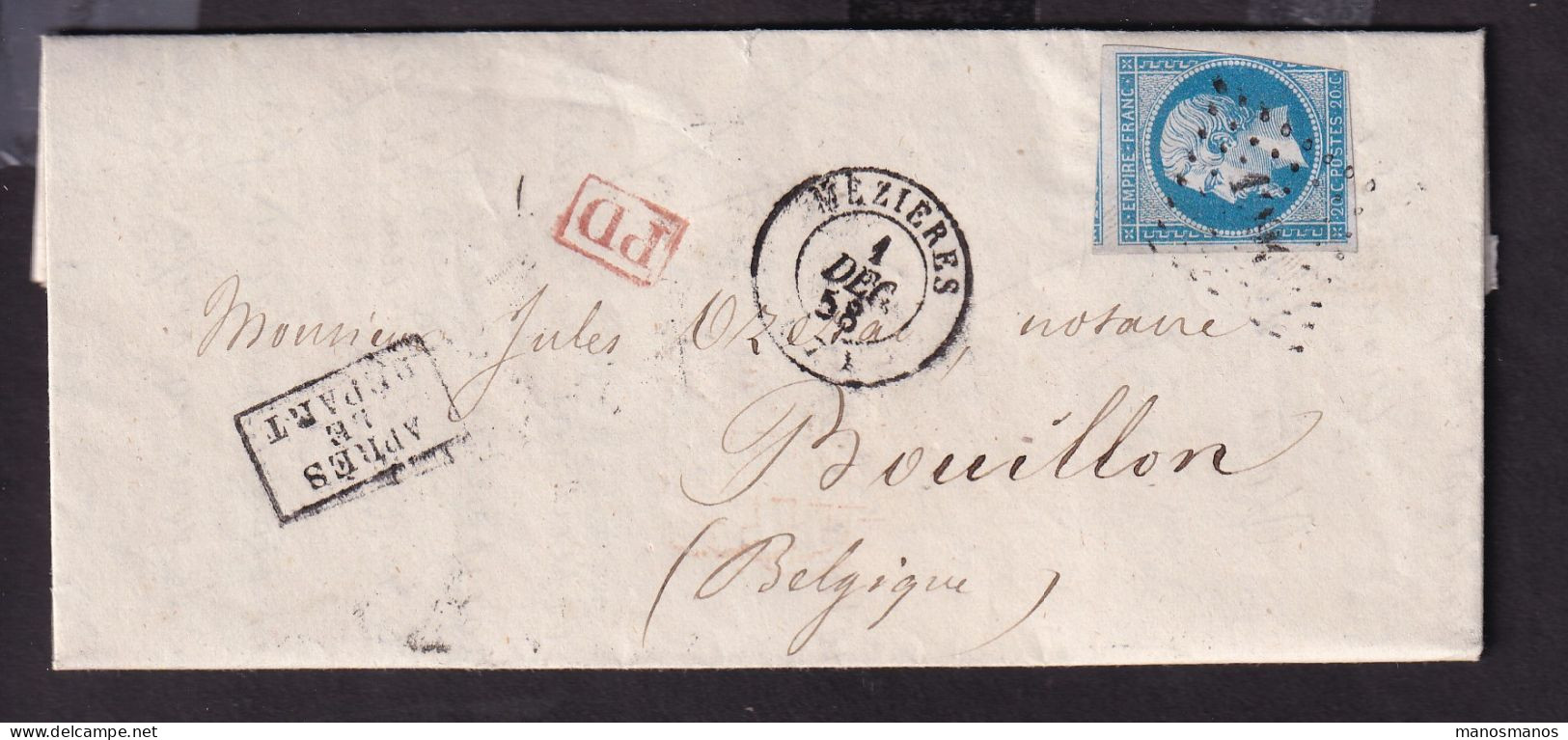 DDFF 517 - Lettre TP 14 De France MEZIERES 1858 - Marque D'entrée Belge FRANCE PAR BOUILLON En Noir - Doorgangstempels