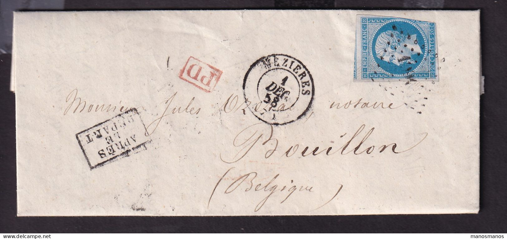DDFF 517 - Lettre TP 14 De France MEZIERES 1858 - Marque D'entrée Belge FRANCE PAR BOUILLON En Noir - Bureaux De Passage