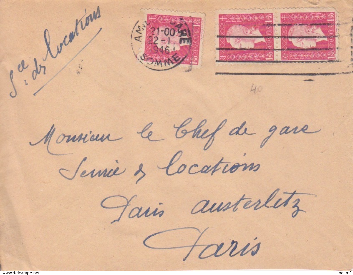 Lettre Obl. Secap AMI317 5 LD Amiens Gare Le 22 1 46 Sur 1F50 Dulac N° 691 X 3 Pour Paris - 1944-45 Marianne (Dulac)