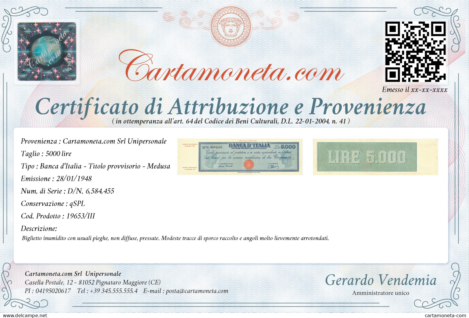 5000 LIRE TITOLO PROVVISORIO MEDUSA REPUBBLICA ITALIANA 28/01/1948 QSPL - Other & Unclassified